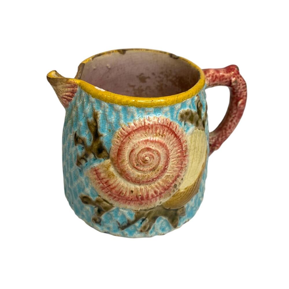 Antique Majolica Creamer Pitcher Fielding Shell Fishnet Turquoise Victorian